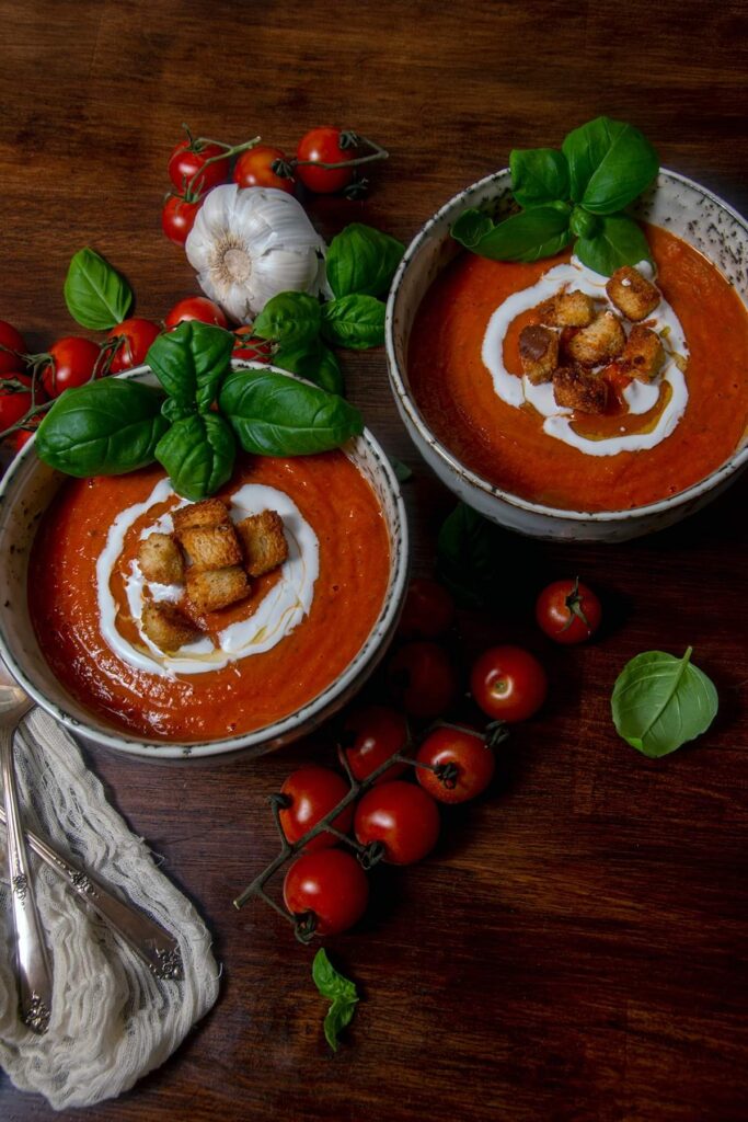 Plated roasted tomato soup which is also vegan and gluten free!
